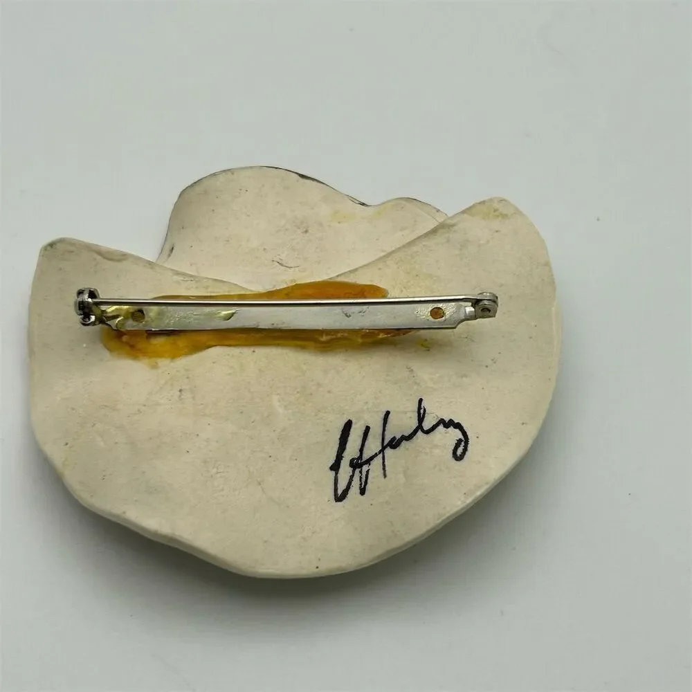Vintage Artist Signed Original Abstract Gold Tone and White Floral Leaves Brooch